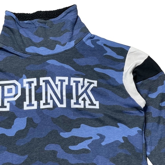 Pink Victorias Secret Sweatshirt Large Blue Camo Sherpa Funnel Neck Pullover - Picture 3 of 13